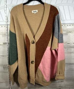 Haptics Color Block V-Neck Button Down Cardigan Sweater Size L